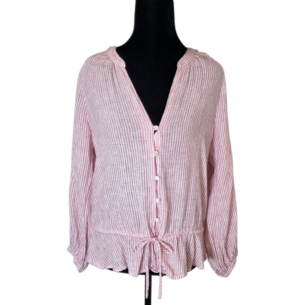 Rails Red White Stripe Linen Blend Peplum Blouse M Tie Waist Boho